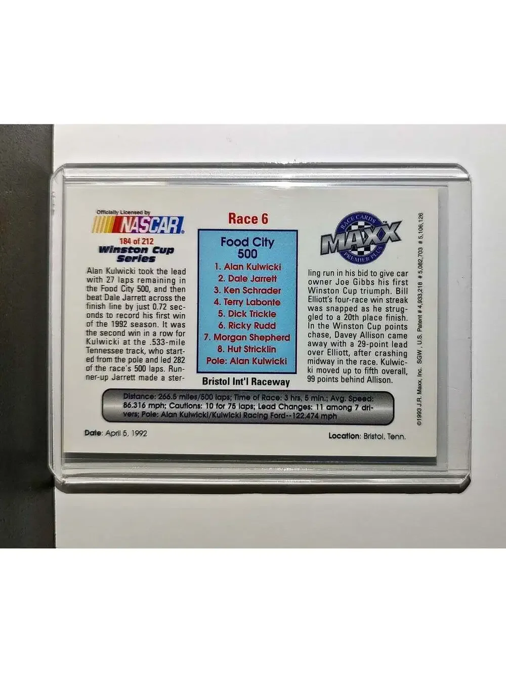 Race 6 Bristol YR 1993 Maxx Premier Plus Racing #184 NASCAR Card AK Racing